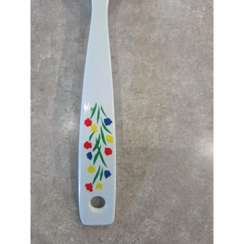 Vintage Melamine White Floral Slotted Serving Spoon Flower Handle